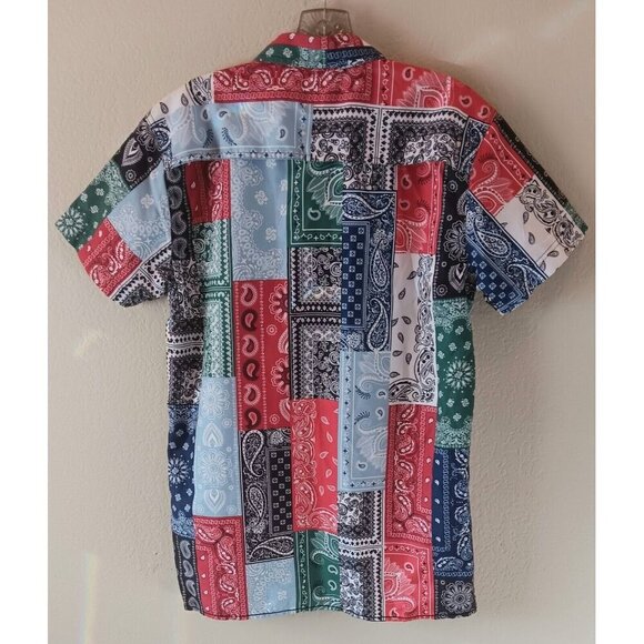 3/10 SURF SOCIETY Swimwear Bandana  Print Shirt M Beachy Artsy Funky Patchwork - Picture 3 of 7